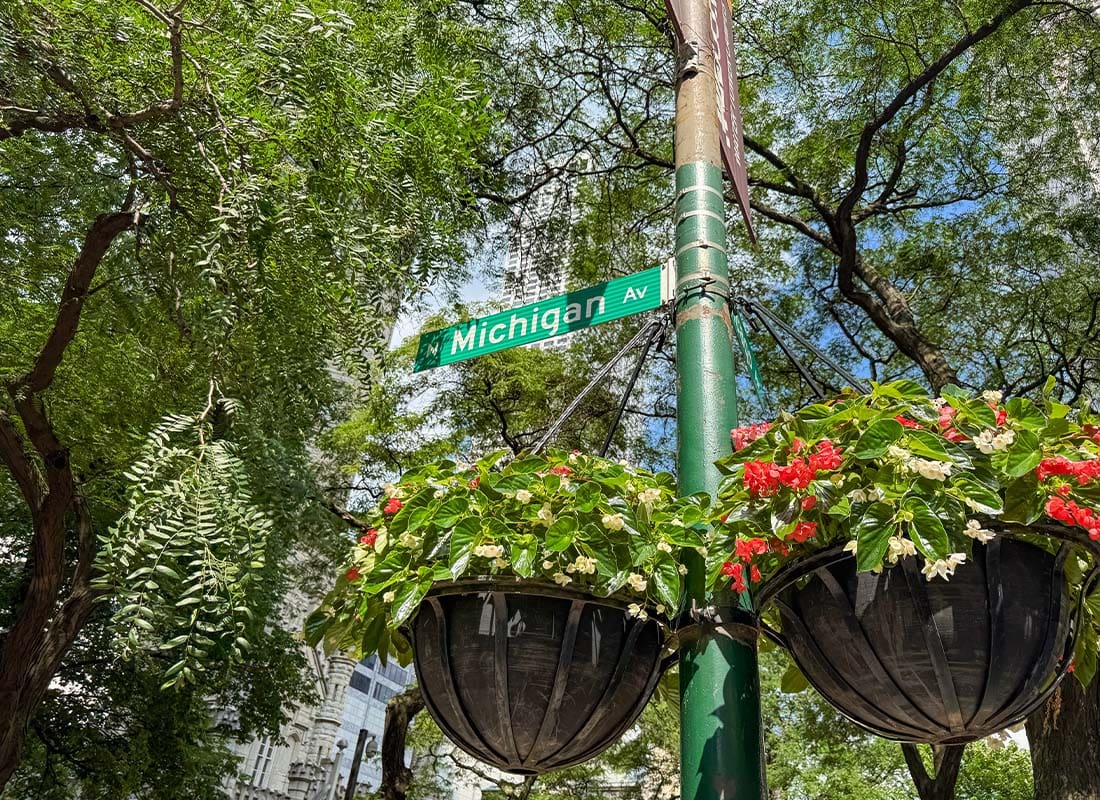 Chicago, IL - Looking Up at the North Michigan Avenue Street Sign in Downtown Chicago, Illinois